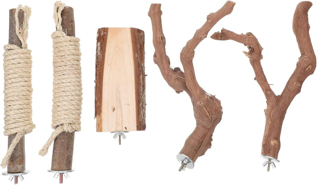 Angoily Bird Perch, 5Pcs Natural Wood Parrot Cage Stand with Multiple Claw Grinding Forks, Vertical Large Branch with Rope for Macaw African Grey Birds Play and Rest, Assorted Colors