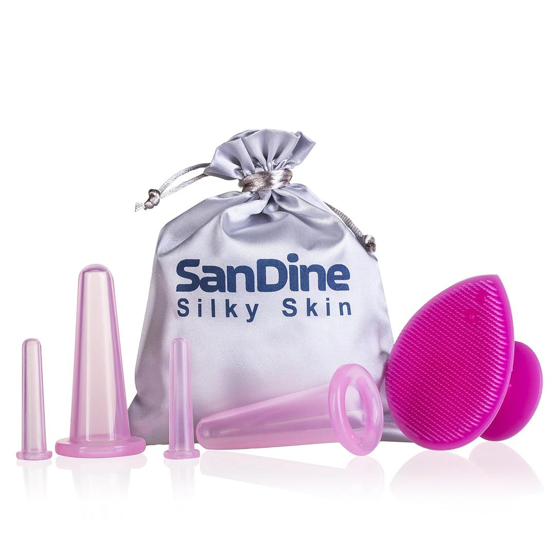 Sandine Cupping Therapy Sets - Face Cupping Set - Double Chin Reducer - Facial Cupping System - Silicone Massage Cups - Cupping for Cellulite Kit - Ideal to Shape Your Cheeks and Chin (Pink)