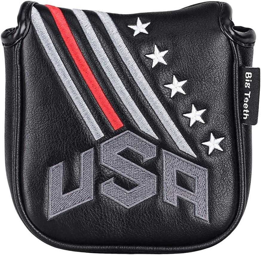Big Teeth Golf Cover USA Stripe and Star Headcover Covers, Driver Fairway Wood Hybrid Headcovers Fits Blade Mallet Putter Iron and Woods with Magnetic Club Protector Pu Leather Golf Accessories