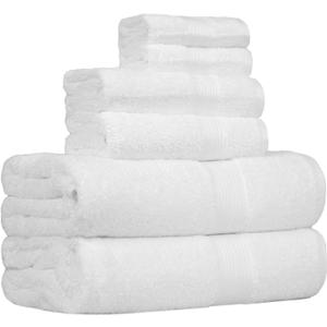 Amazon Basics 6 Piece Oversized Fade resistant Towel set, 100% Cotton towels for bathroom, soft and absorbent, 2 Bath Towels, 2 Hand Towels and 2 Washcloths bathroom towel set, White