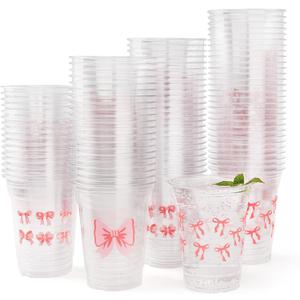 150 Pack Pink Bow Party Plastic Cups 12 oz Coquette Bow Disposable Drinking Cups for Bachelorette Bridal Shower Birthday Party Decorations