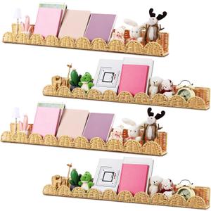 Pinkunn 4 Pcs Nursery Book Shelves 35.4 Inch Rattan Scalloped Floating Bookshelves Wicker Boho Book Shelf for Wall Mounted Decor Nursery Rooms Hanging