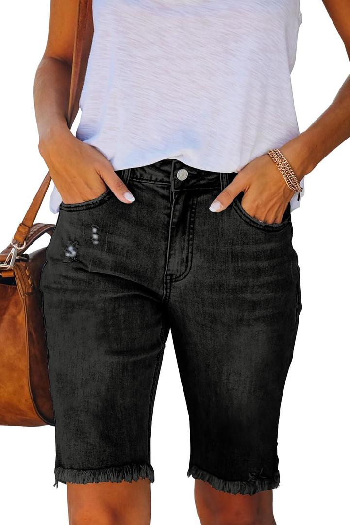 Necooer Women Jean Shorts Ripped Casual Summer Mid Waist Stretchy Five Points Denim Jean Shorts (Black, M)