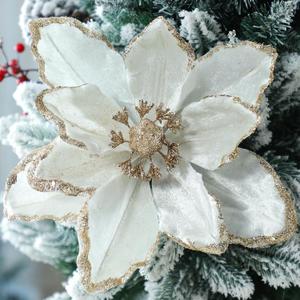 Thiccywoov 8 Pcs Large Christmas Flower Magnolia Flowers Christmas Tree Decoration Artificial Poinsettia Stems Velvet Xmas Ornaments for Xmas Tree Table Decor(White, 12 Inch)