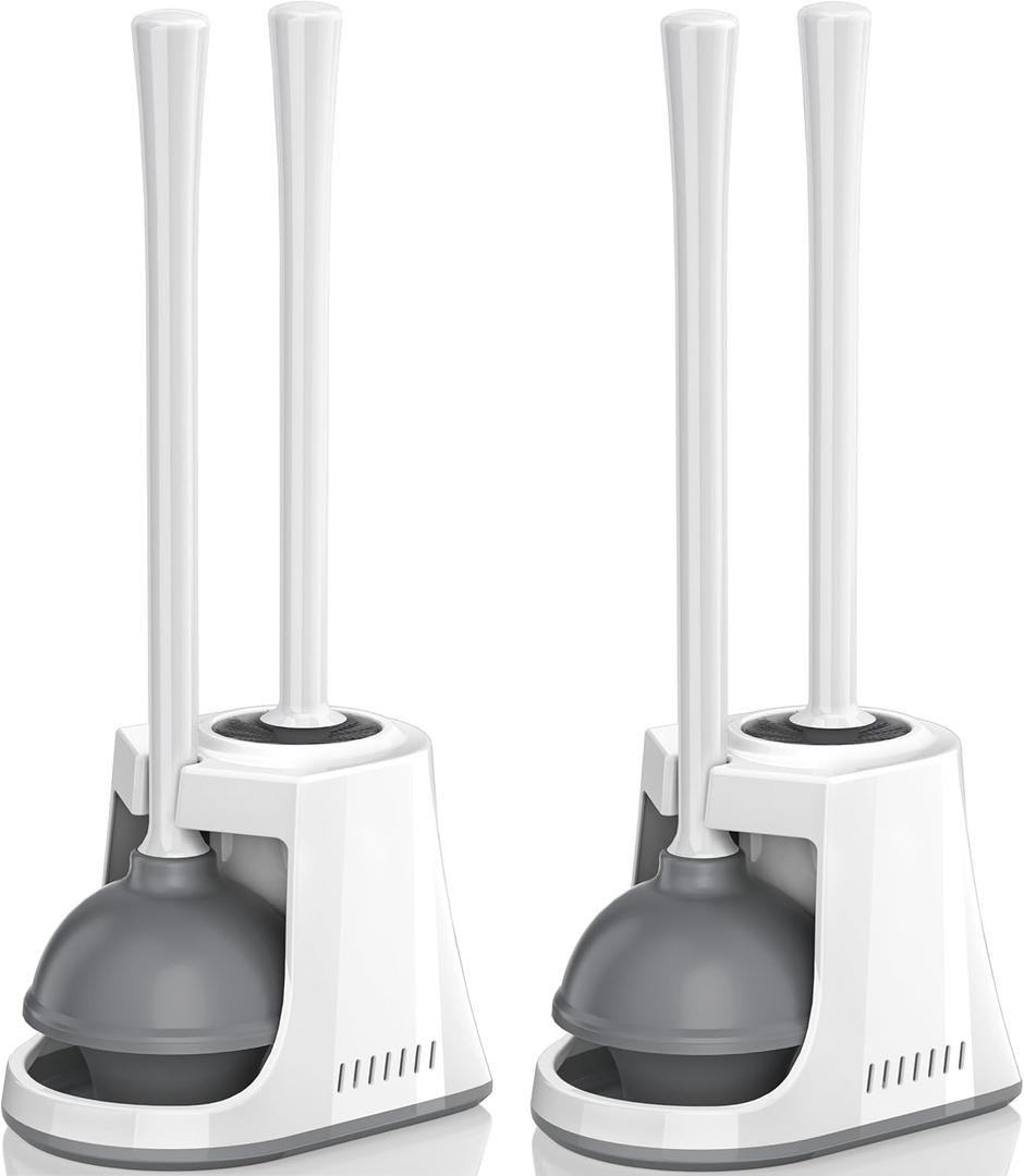 Toilet Plunger and Brush, Bowl Brush and Heavy Duty Toilet Plunger Set with Ventilated Holder, 2-in-1 Toilet Brush and Plunger Combo for Bathroom Cleaning (2, White)
