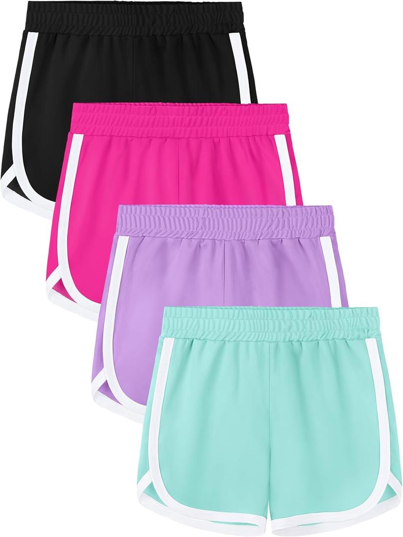 Aikuco 4 Packs Girls Athletic Shorts Toddler Soccer Running Active Dolphin Dry-Fit Kids Gym Workout Performance Shorts, Size: 10-12 Years