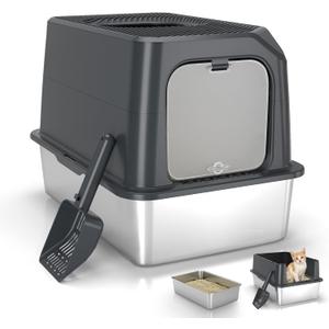 Large Stainless Steel Cat Litter Box with Lid - Odor-Resistant & Enclosed Design, Anti-Leakage & Non-Sticky Surface for Easy Cleaning (Gray) Medium/Large Cats (23.8“x16.1")