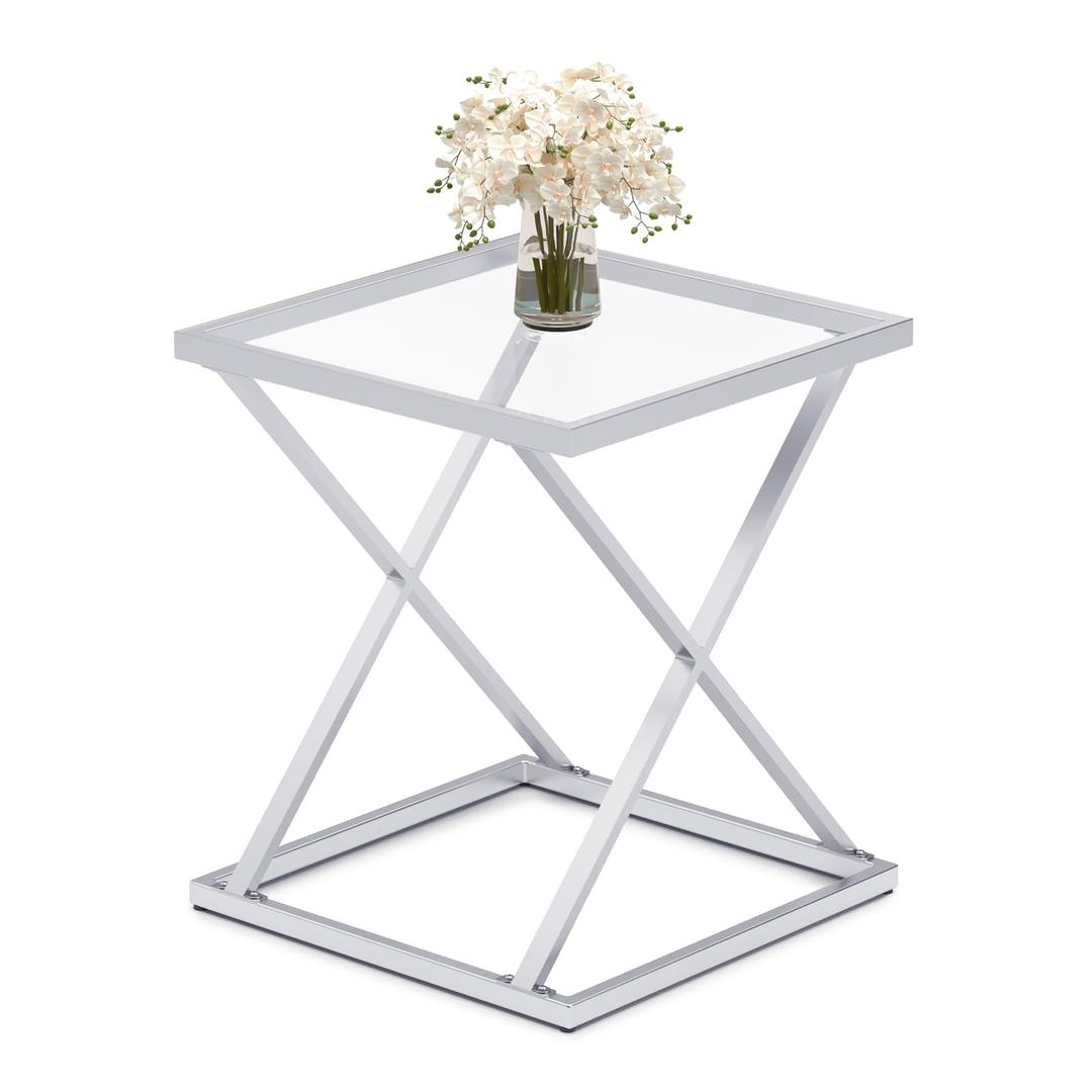 CAFOM Square End Table with Tempered Glass Top, Stylish X-Shaped Metal Frame, Living Room Coffee Table, Sofa Side Table, Accent Tables for Small Spaces, Modern Bedside Table for Bedroom (Silver)
