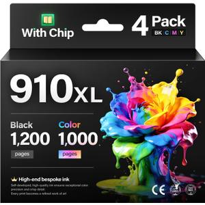 910XL Ink Cartridges Replacement for HP 910xl Ink Cartridges Combo Pack with HP OfficeJet Pro 8025e 8015e 8022e 8028e 8035e 8025 8035 8020 8022 Printer (Black, Cyan, Magenta, Yellow)