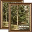 12x16 Gold Picture Frame, 2 Pack Ornate Vintage Picture Frames for Wall or Tabletop Display, 12x16 Photo Frame Gold with Real Glass, Display Poster 8.5x11 with Mat or 12 x 16 without Mat for Antique Dco