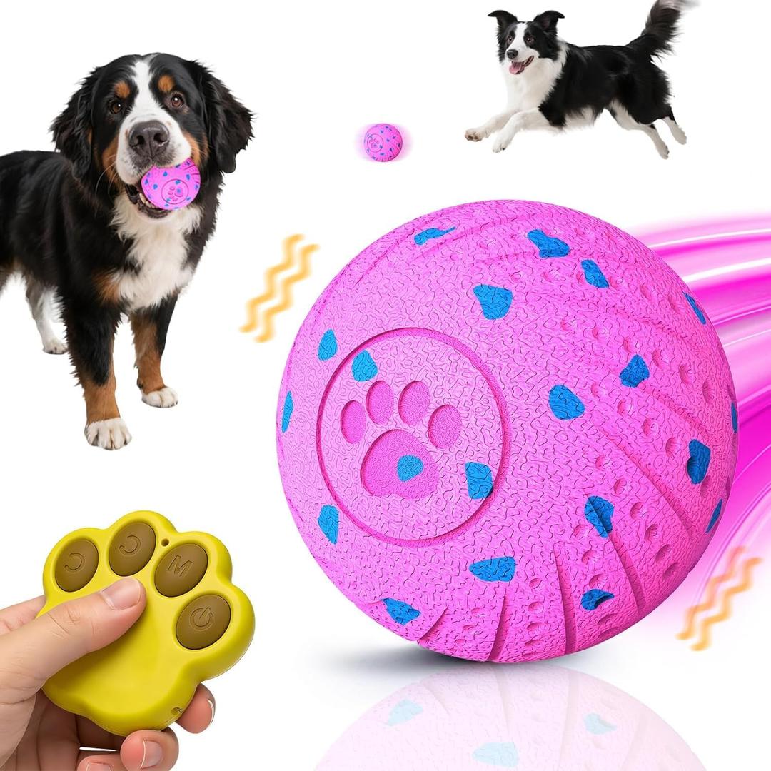 Interactive Dog Toy Ball with Remote: Automatic Bouncing, Vibration and Jumping Action Interactive Toy, Durable Duraspin for Aggressive Chewers, Rechargeable, for Indoor & Outdoor Use Pink