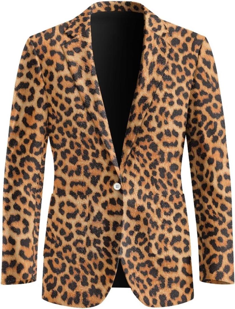 Lined Blazer Men One Button Casual Suit Jacket Slim Fit Coat with Pocket Winter Fall Business Blazers (Large, Leopard Print)
