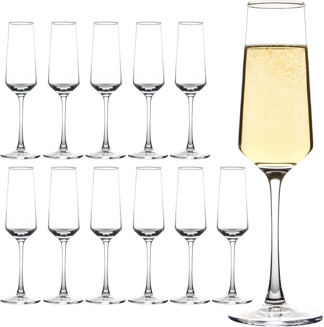 Champagne Glasses Set of 12, Elegant Champagne Flutes, Modern Sparkling Glasses for Home Bar, Wedding, Anniversary, 7.5 oz, Clear