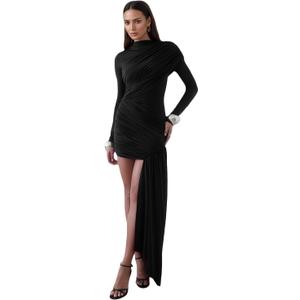 JUMISEE Womens Elegant Irregular Ruched Mini Dress Flowy Ribbon Bodycon Cocktail Dress Sexy Pleated Formal Dresses (Small, Z Black Long Sleeve)