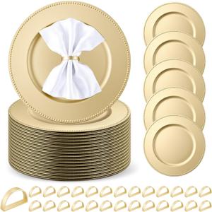 Tanlade 100 Pcs Charger Plates Bulk with Napkin Rings Set Include 50 Plastic Beaded Plate Chargers 50 Napkin Rings 13'' Dinner Plate Chargers Set for Table Setting Wedding Party (Light Gold)