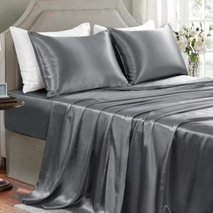 Satin Sheets California King Size - 4 Pieces Luxury Silky Soft Bed Sheets, Wrinkle-Free Dark Grey Satin Silk Sheet Set with 1 Deep Pocket Fitted Sheet, 1 Flat Sheet, 2 Pillow Cases
