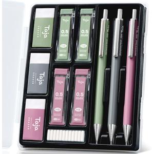 Taja Aesthetic 0.5mm Mechanical Pencil Set with Case  3 Vintage Mechanical Pencils, 4 Tubes HB #2 Lead Refills, 3 Erasers & 12 Eraser Refills, Cute Pencil Kit for Back to School Stationery Supplies