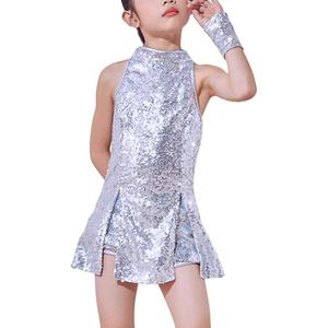 LOLANTA Girls Sequins Dance Clothes Dress 8-9 Yrs Sparkle Hip Hop Jazz Dance Outfit, Sleeveless Top and Shorts