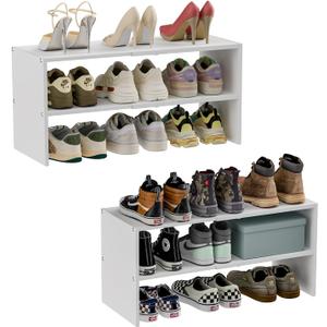 2 Pack White Shoe Rack for Closet, 2-Tier Expandable Small Shoe Shelf, Stackable Iron Wood Combination Shoe Organizer Racks Shelves for Closets, Entryway, Hallway, Garage, Holds 12-24 Pairs