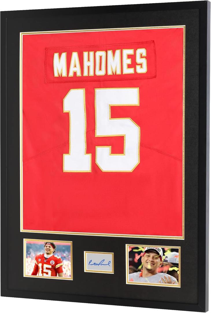 31" x 23" Jersey Frame Display Case with Mat Tailored for Two Photos & Name Plate, for Sports Football Basketball Baseball Soccer Hockey Jersey Uniform Shirt, Black Finish