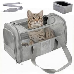 Cat Carrier Pet Dog Carrier Airline Approved for Puppy Kitten Carriers Under 15lb, Collapsible Soft Sided TSA Approved Travel Carrier-Grey
