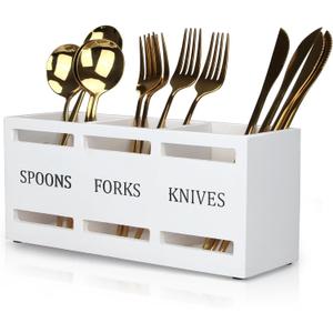 Wooden Silverware Cutlery Holder White Flatware Caddy Small Kitchen Utensil Holders for Party Wood Silverware Organizer Storage for Table Countertop Spoon and Fork Holder Utensils Caddy Basket