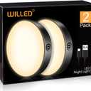 WILLED Tap Light Rechargeable, 3000K Dimmable Touch Light Buit-in 1000mAh Large Battery, Stick on Closet Light, Portable LED Puck Night Lights for Cabinet, Wardrobe, Counter, Kitchen, Bedroom (2 Pack) (Warm White 3000K, Black)