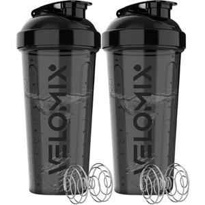 VELOMIX -2 Pack- 28 oz Protein Shaker Bottles for Protein Mixes - 2x Wire Whisk | Leak Proof Shaker Cups for Protein Shakes | Protein Shaker Bottle Pack | Shakers for Protein Shakes - 2xBlack