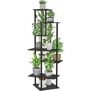 Plant Stand Indoor 7-Tier Metal Wood Plant Shelf for Multiple Flower Pots Corner Tall Flower Holders for Living Room Balcony Bedroom, Black