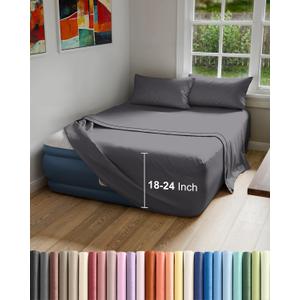 Air Mattress Sheet Set for Queen Size - 4 Piece Breathable & Cooling Sheets w/Extra Deep Pockets - Fits Inflatable & Blow Up Air Mattresses Up to 24 Inches Thick - Soft and Wrinkle Free - Dark Grey