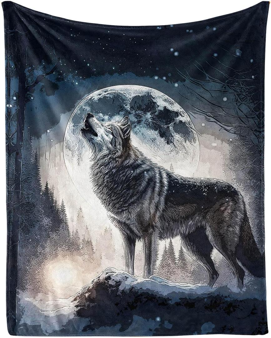 Howling Wolf Blanket for Women Men, Cool Wolf Themed Design Printed Throw Blankets for Teens Adults Lap, Chair Sofa, Warm Soft Cozy Blanket, 50"x 60"