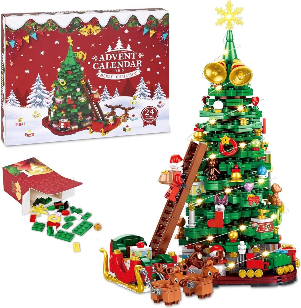 Advent Calendar 2025 - Christmas Tree Building Block Set, 1011 Pieces Christmas Santa Claus Moose Toy Decorations Building Kits for Adults Teen Girls Boys Countdown Calendar Gifts