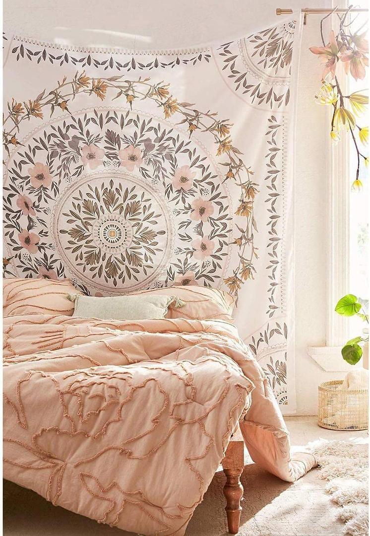 Orange Bohemian Tapestry Wall Hanging, Mandala Floral Medallion Hippie Tapestry with Light Brown Aesthetic Wreath Design, Cream Wall Decor Blanket for Bedroom Home Dorm (78.7L" x 59.1W")