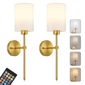 Battery Operated Wall Sconces Set of Two,Wireless Rechargeable Wall Light With Remote Control, Dimmable, Amber Light/Warm White/Natural White/Daylight/RGB, Timer,for Living Room,Bedroom,Entryway,Gold