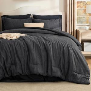Bedsure Queen Comforter Set Black - Bed in a Bag Queen Size Bedding 7 Pieces, Cationic Dyed Bed Set Gift for Family, Black Soft Bedding for All Seasons Comforter with Sheets, Pillowcases & Shams