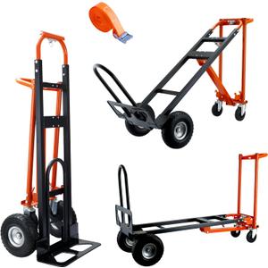 SHUNWATER 4 in 1 Convertible Hand Truck Dolly Cart, Industrial Hand Truck, 1000 Lbs Capacity Hand Trucks Heavy Duty Dolly cart with PU Wheels and Cargo Straps for Moving (Orange)