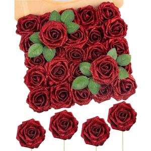 N&T NIETING Artificial Flowers Glowing Red Flowers Foam 25pcs Glitter Roses Real Looking Fake Roses with Stem for DIY Wedding Bouquets Centerpieces Bridal Shower Party Home Decorations