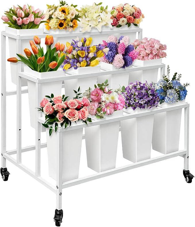 PROLEE Flower Stand with 12 Buckets, Flower Display Stand with Wheels, Flower Cart, Moving Florist Bouquet Shelf, Rectangular, White