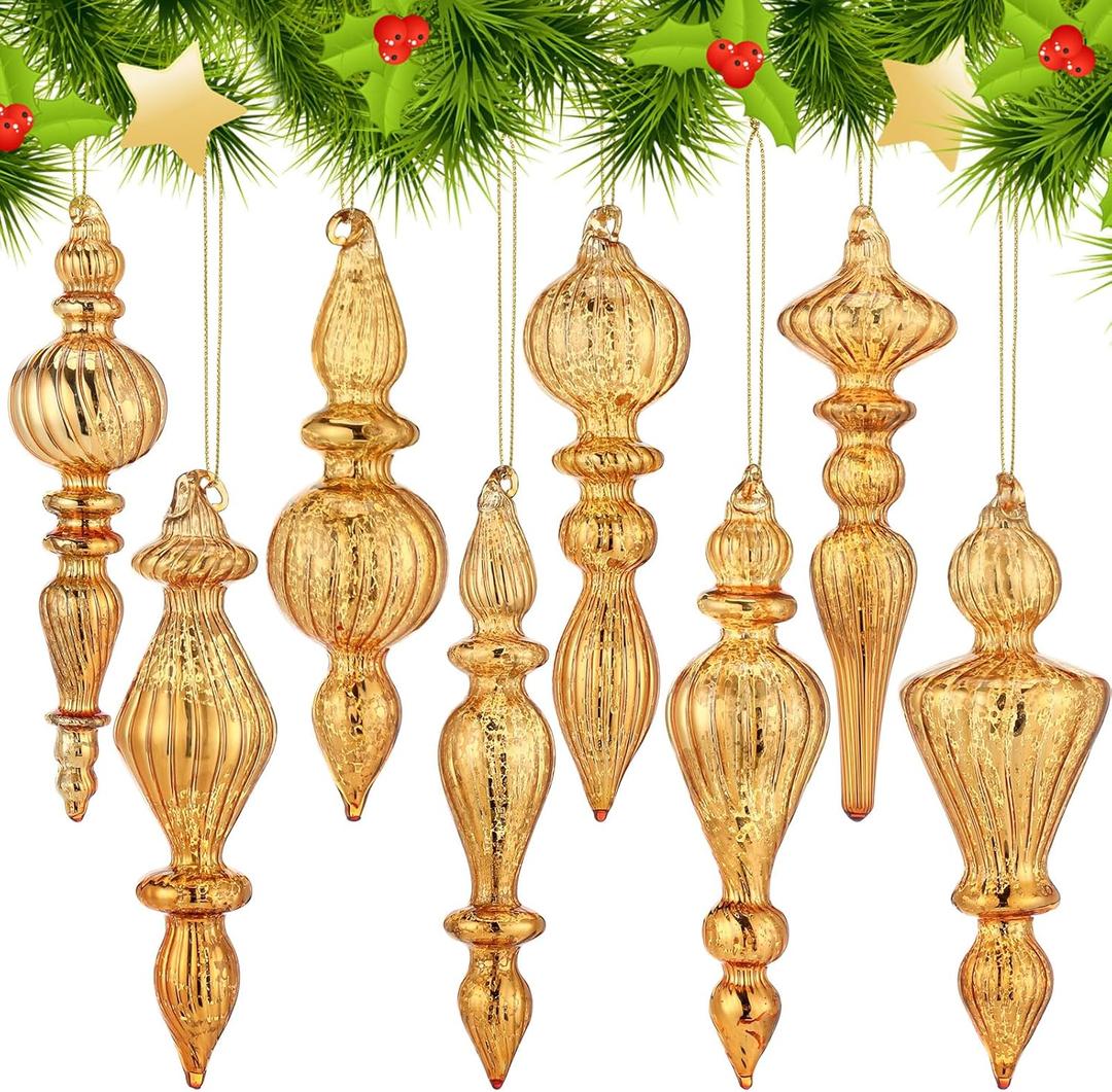 Mifoci 8 Pcs 6 Inch Mercury Glass Finial Christmas Ornaments Hanging Christmas Finials Glass Ornaments Assorted Mercury Decor for Vintage Holiday Xmas Tree Decoration(Champagne)