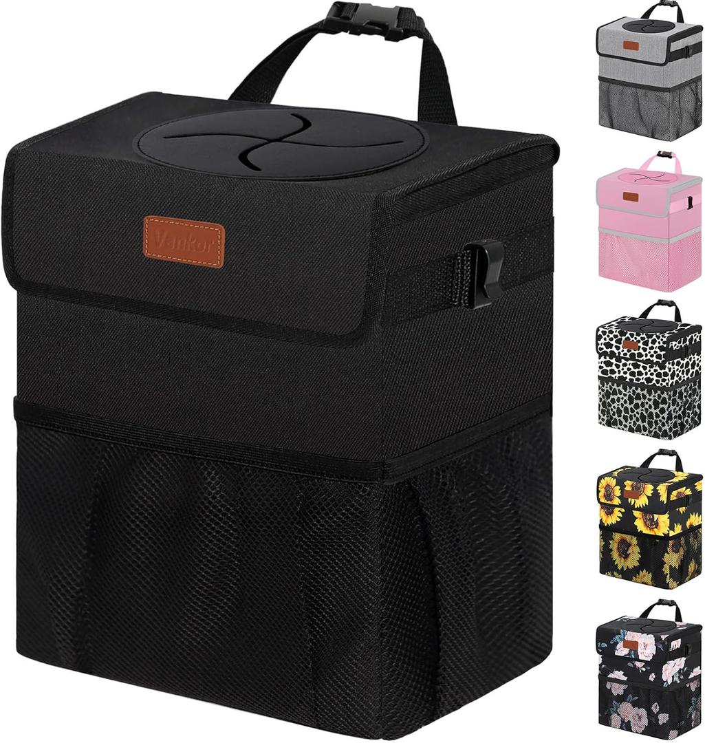 Car Trash Can Bin with Lid Hanging for Back Seat, Car Accessories for Women Men Leak Proof Automotive Garbage Cans Leakproof Vehicle Trash Can for Truck SUV Black (2.2 Gallons)