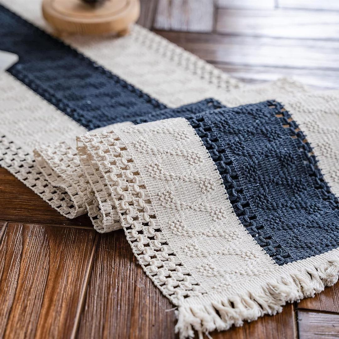 Alynsehom Macrame Table Runner Cream Beige and Blue Boho Table Runners with Tassels Hand Woven Cotton Table Runner Rustic Farmhouse Table Runners for Bohemian Kitchen Dining Table(12x71in)