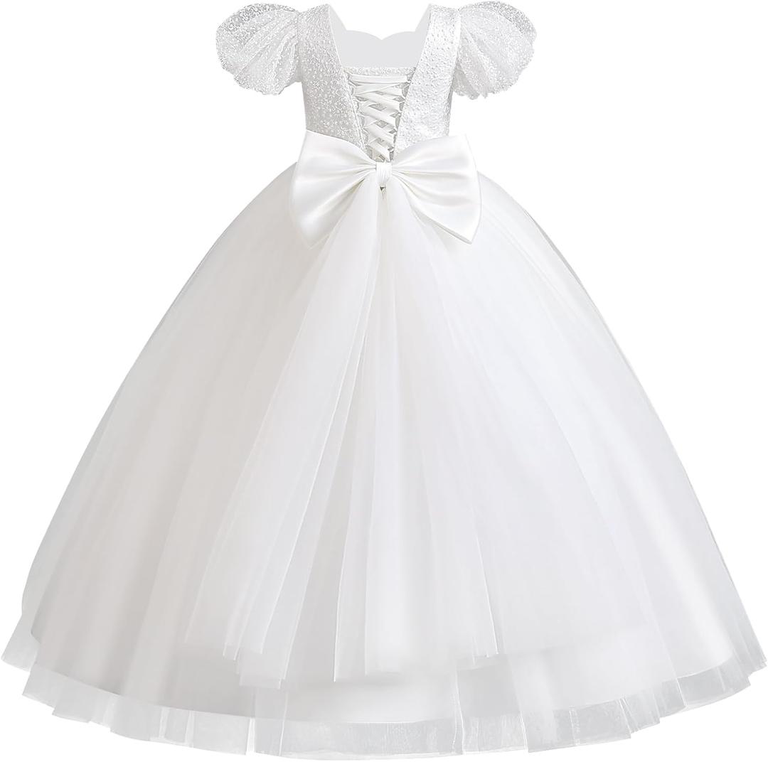 IDOPIP Flower Girl Sequin Lace-up Bow Dress for Kid Wedding Bridesmaid Pageant Party Formal Long Gown Communion Tulle Dresses, 6-7Y