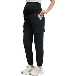POSHGLAM Maternity Cargo Joggers Quick-Dry Lightweight Casual Lounge Hiking Active Pants (XX-Large, Black)