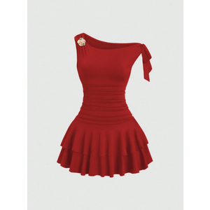 Sweetra Women's Floral Decor Ruffle Trim Fitted Shoulder Strap Dress M