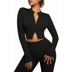 FeelinGirl Workout Sets for Women 2 Piece Gym Outfits High Waist Yoga Leggings and Long Sleeve Crop Top with Zipper (Medium, Black)