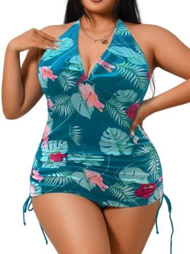 ChiaoLezhee Plus Size Tropical Halter Tankini, Sexy Cheeky Ruched Tummy Control, Curvy Womens Deep V Beach Vacation Swimsuit 5XL