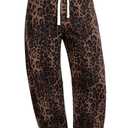 GRAPENT Barrel Jeans for Women Trendy High Waisted Pull On Wide Leg Cropped Leopard Cheetah Print Stretchy Denim Pants Size Large US 12 to 14