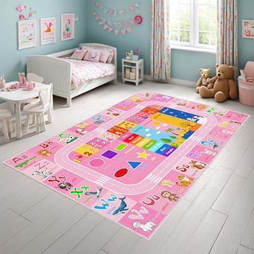 BATATADOCE Alphabet Rugs for Kids Playroom - Cartoon Kids Bedroom Rug Play Mat for Learning Alphabet,Numbers,Animal,Colors,Season,Cute Classroom Rug for Children Girls Bedroom Decor,Pink,5×7 Feet