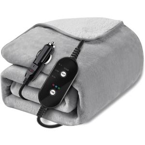 12V/24V Heated Car Blanket, Electric Blanket Flannel Heating Throw for Car, SUV, RV, Camping, 60" x 44", Hi/M/Lo Heating Settings, Auto-Off Timer,Grey