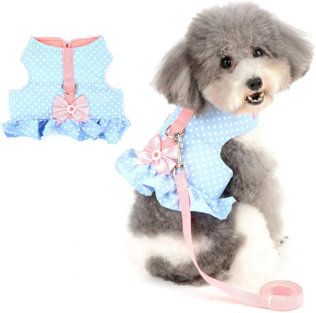 Zunea No Pull Small Dog Girl Harness Dress Escape Proof Cat Kitten Vest Harness Leash Set Step-in Soft Cotton Padded Polka Dot Jacket Chihuahua Puppy Clothes with Cute Bow for Walking Blue S (S (Chest:14.5-15.7", Neck:9-9.8"))
